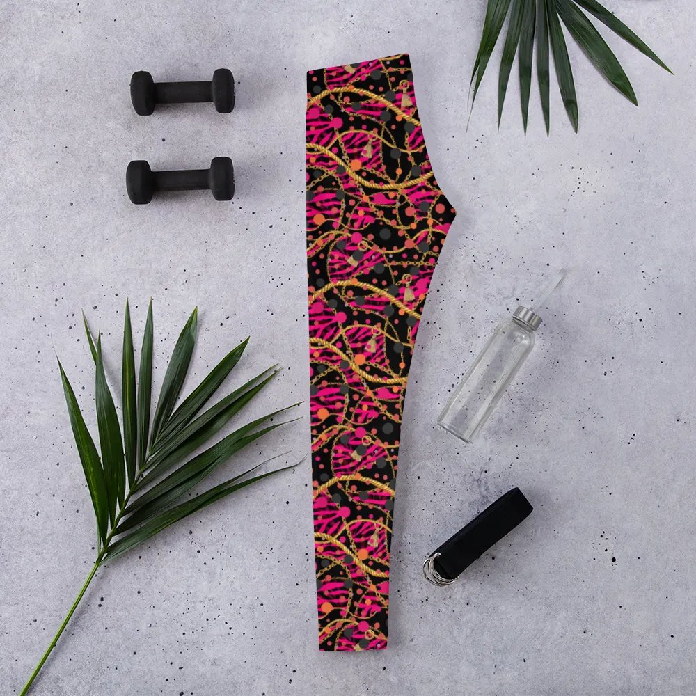 comfortable ladies leggings in funky arty red pink and gold design  on black design for those that  like the unusual. product image (2)