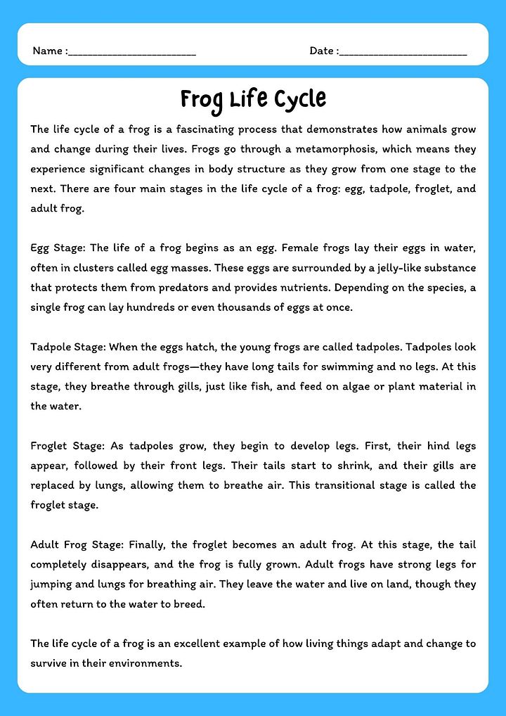 Frog Life Cycle Reading Passage with Comprehension Questions product image (1)