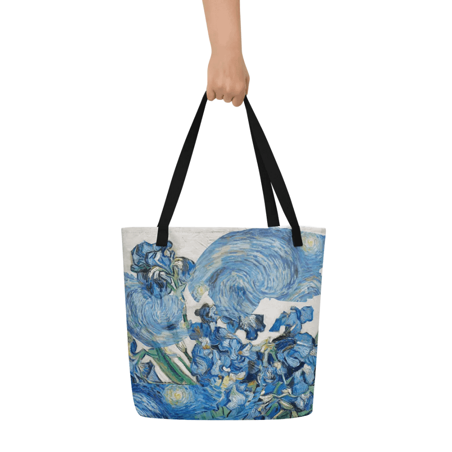 Big printed tote bag with Van Gogh inspired irises and starry night  design product image (5)