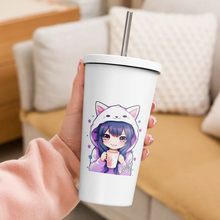 Cozy Kawaii Anime Girl 20 oz Tumbler Cup - White - Insulated Tumbler with a Straw product image (3)