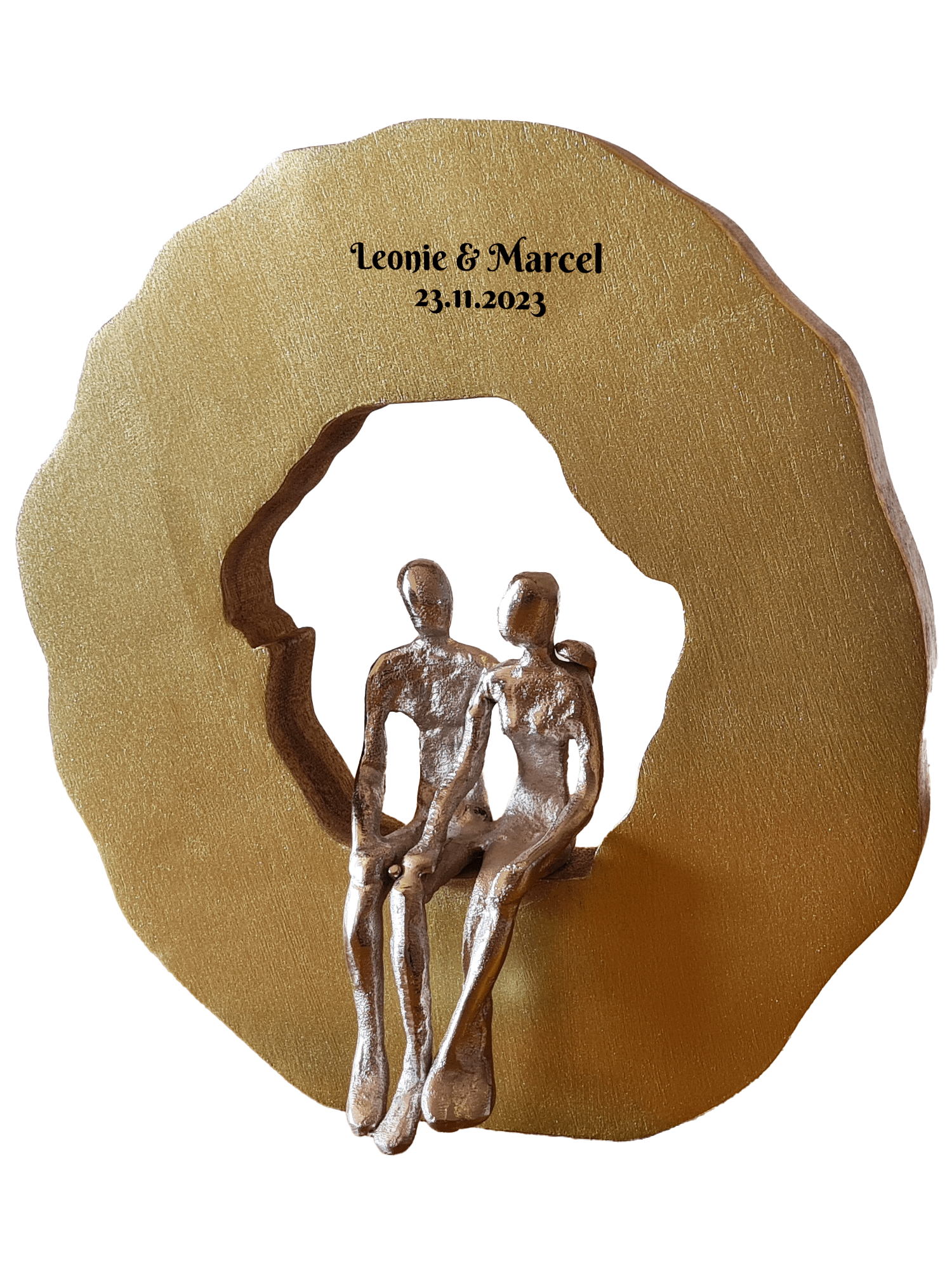Goldene Hochzeit Geschenk | Handgefertigte Mangoholz Skulptur | Front Gold mit Metall Paar | Personalisierbare Lasergravur | Deko | 33x30 cm product image (3)