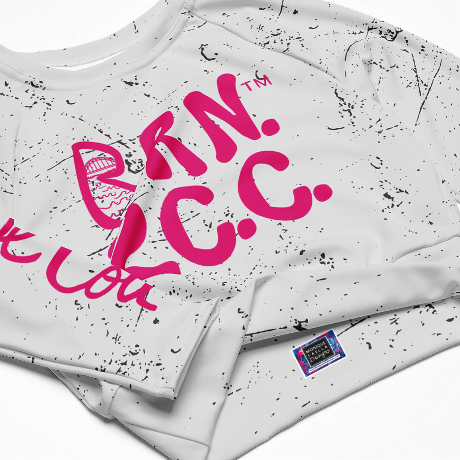 BOURNE to Cape Cod™ Crop Top | BRN.2C.C.™ Coastal Bold | Recycled Long Sleeve Statement Wear 🌊💃☀️ | Vibrant Pink Logos on Distressed White product image (4)