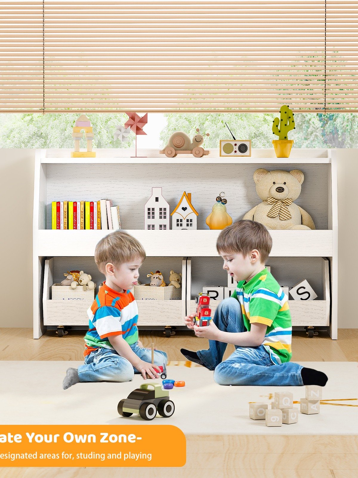 2-Tier Portable Toy Storage, Kids Toy Organizer W/2 Removable Bins with 4 Wheels（White) product image (10)