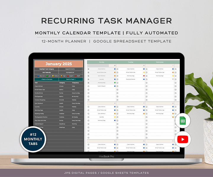 Recurring Task Manager, Google Sheets Template, Dynamic Monthly Calendar product image (1)
