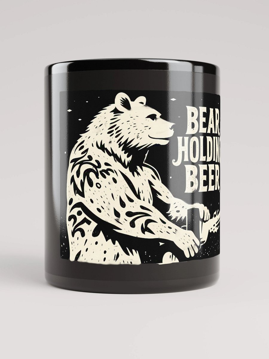 Whimsical Bear with Beer | Linocut Art Print Black Glossy Mug product image (5)