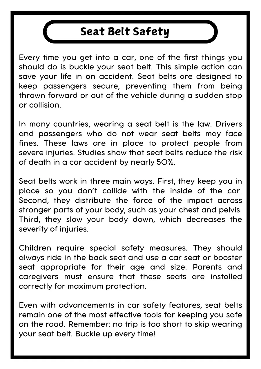 Seat Belt Safety Reading Passage with Comprehension Questions product image (2)