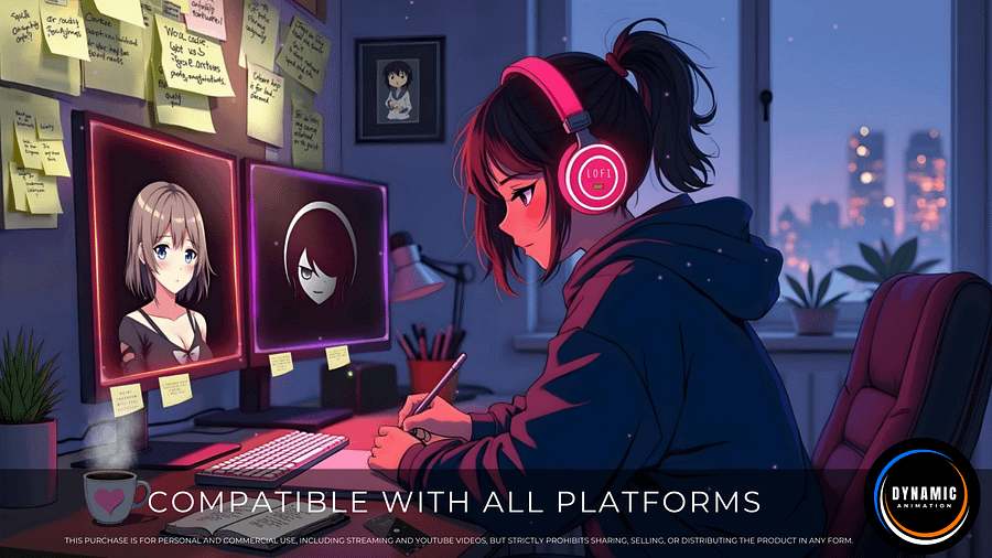 Animated Background | Girl Studying at Night with Pink Headphones | Relaxing Lofi Atmosphere | Perfect for Streaming & Live Wallpapers | AB182 product image (2)
