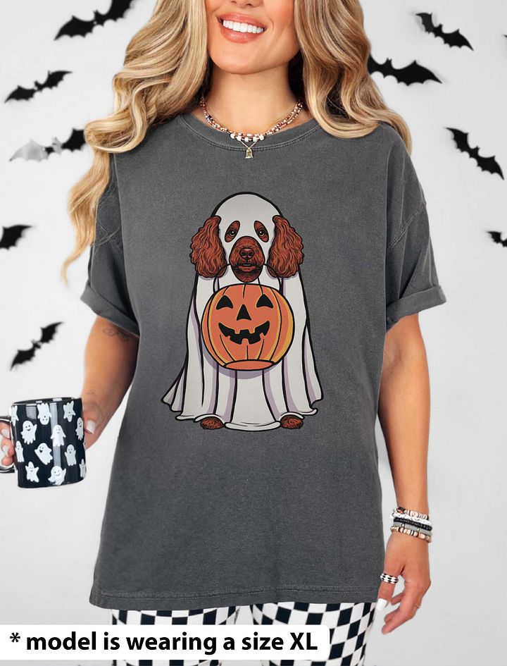 Funny Halloween Mini Poodle(Red) T-Shirt | Funny Poodle Wearing a Ghost Costume and Holding a Pumpkin Basket product image (14)