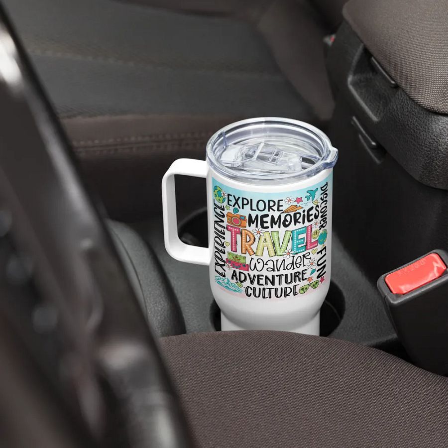 Holiday Vacation Quotes Colorful Tumbler Travel Mug with Handle product image (8)