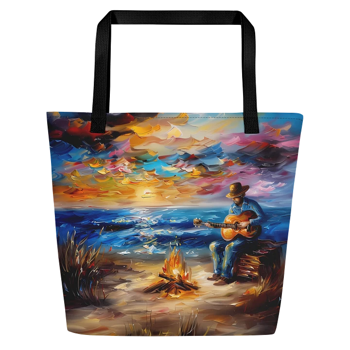 Tote Bag: Musician with Guitar Beach Sunset Weekend Getaway Vibrant Art Style Design product image (1)