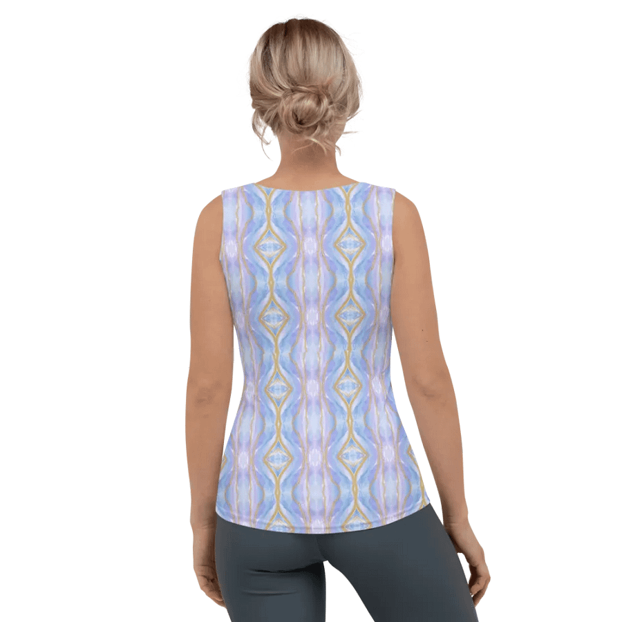 Ladies all over print tank top with soft  pastel blues and pinks.. Stylish and chic for the lady who likes the unusual. product image (4)