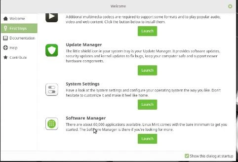 First steps menu on Linux Mint