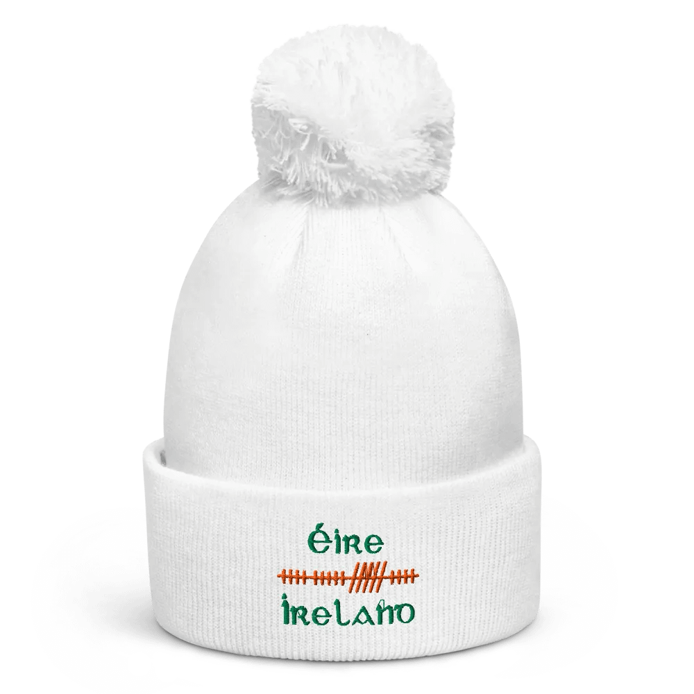 Ireland/Éire Orthodox Style Ogham, White with Green and Orange, embroidered Pom-Pom Beanie product image (1)
