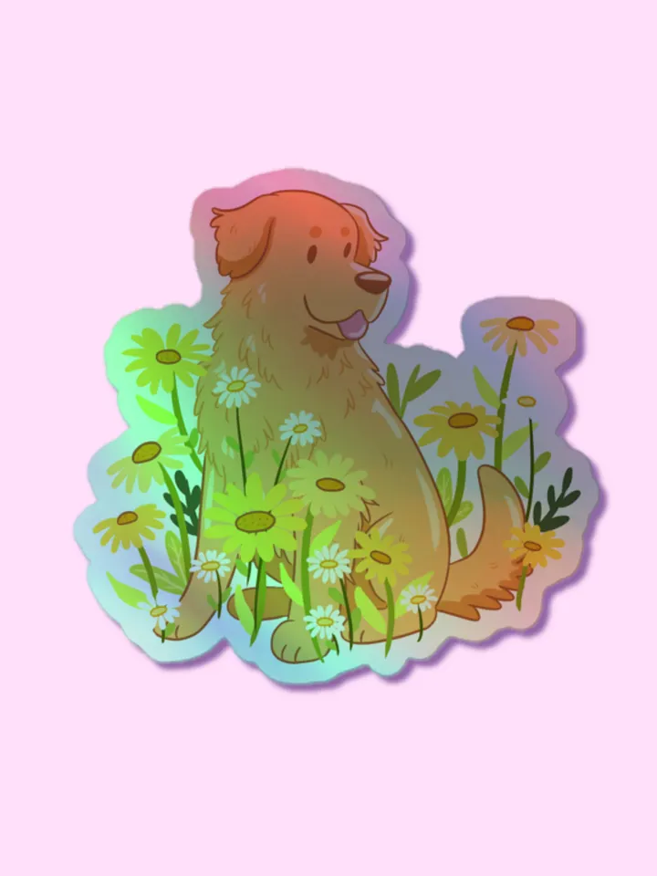 Golden Retriever Daisy Flowers Holographic Sticker Sheet product image (1)
