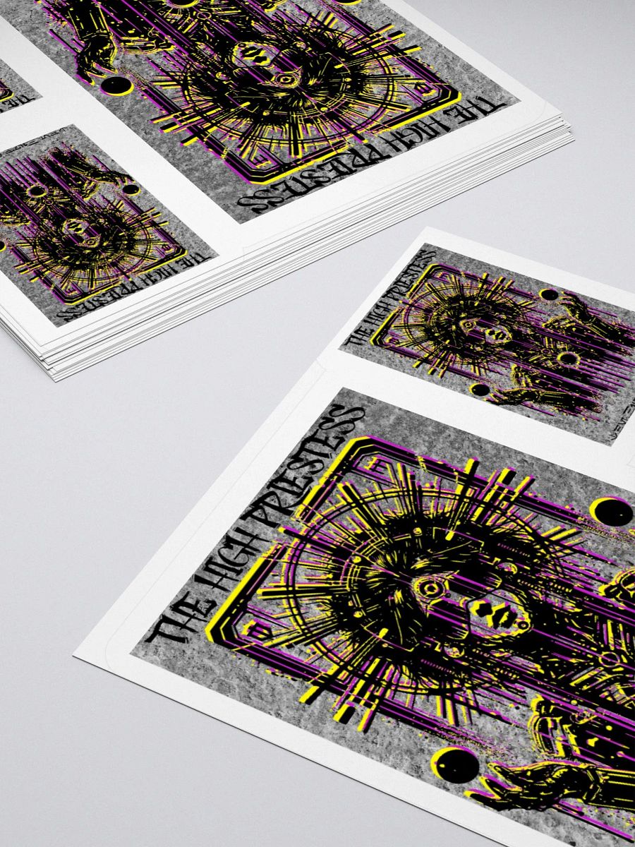 Cyberpunk Tarot Sticker – "The High Priestess" Card with Crystalline Headdress & Floating Orbs – Graffiti Stencil Futuristic Vinyl Decal product image (12)