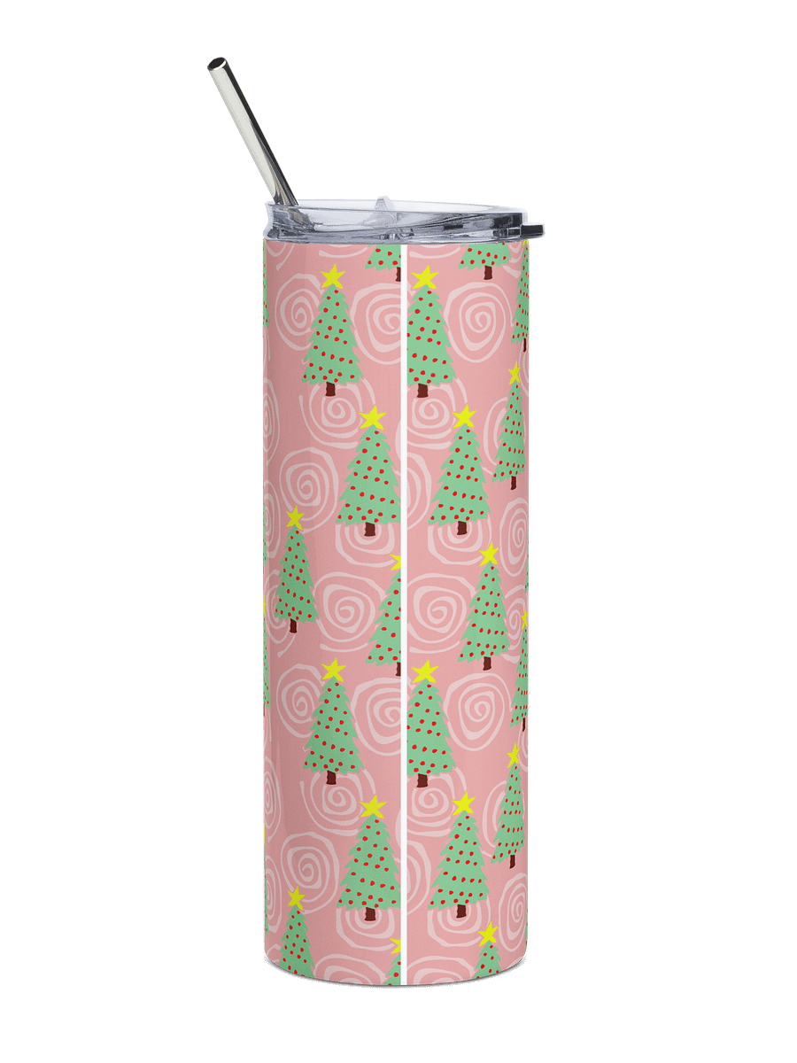 Green Christmas Trees on Pink Spirals Stainless Steel Tumbler with Straw product image (12)
