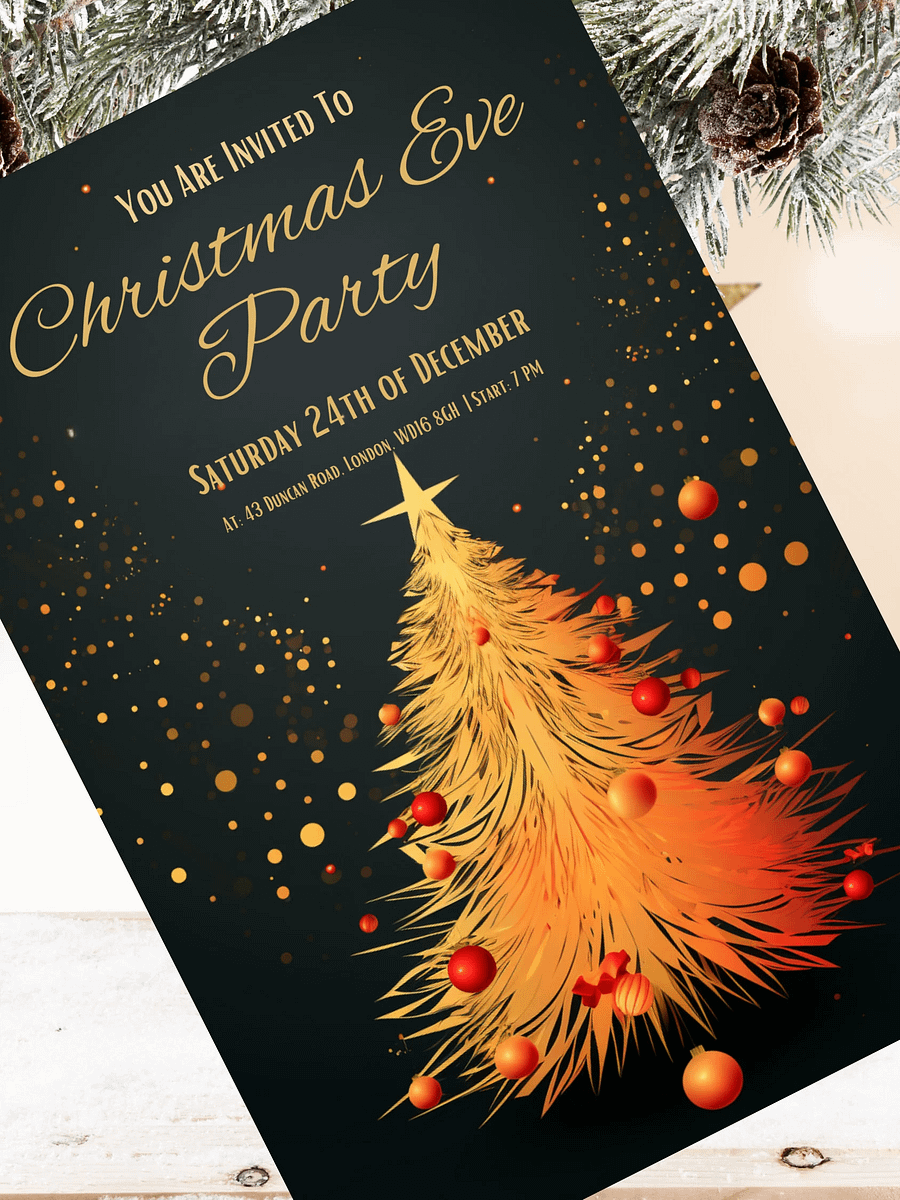 Golden Tree Christmas Eve Party Invitation | Editable in Canva | Christmas Party Printable | Holiday Invitation Template | Link to Canva product image (5)