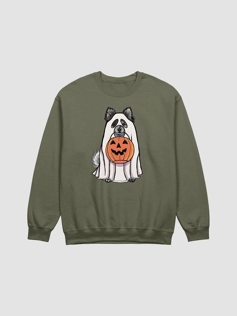 Funny Halloween Pomeranian(Blue Merle) Sweatshirt | Funny Pomeranian Wearing a Ghost Costume and Holding a Pumpkin Basket product image (13)