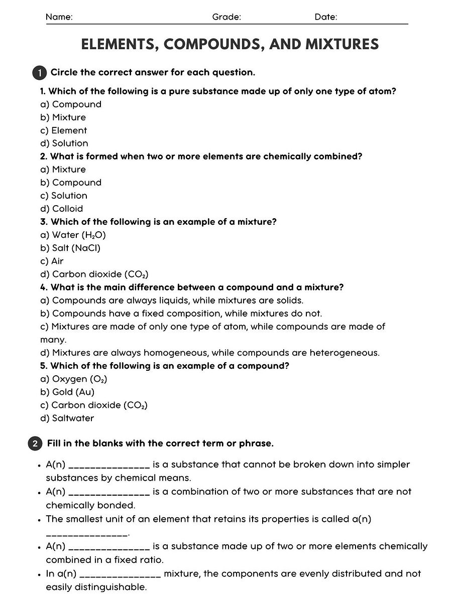 Elements Compounds and Mixtures Worksheet product image (1)