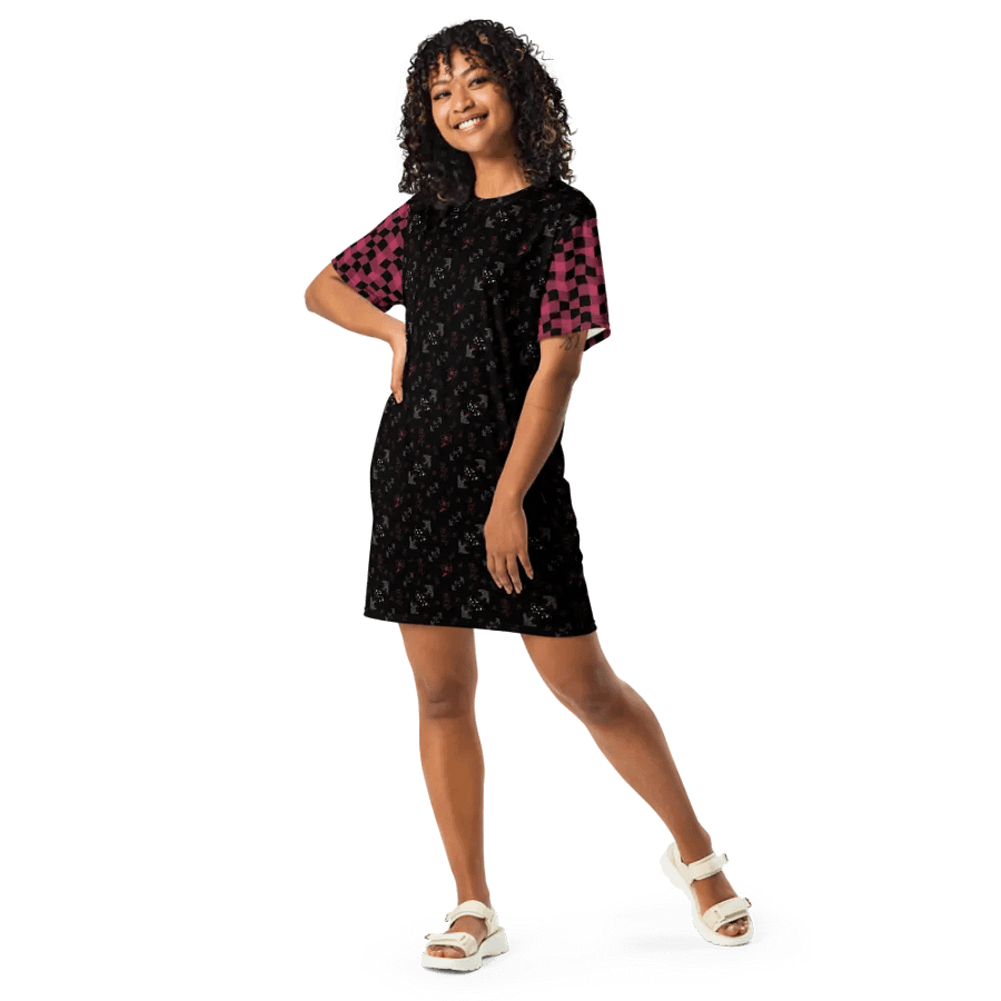 Magenta and White Flowers on Black with Warped Checkered Sleeves Women's T-Shirt Dress product image (7)
