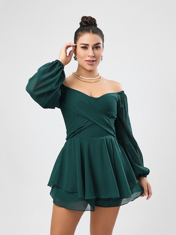Wholesale non-stretch chiffon solid v-neck lantern sleeves playsuit product image (1)
