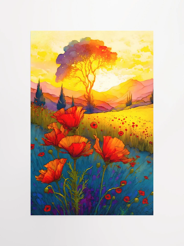 Red Poppies Blooming in Colorful Meadow at Sunset Watercolor Art Matte Poster product image (2)