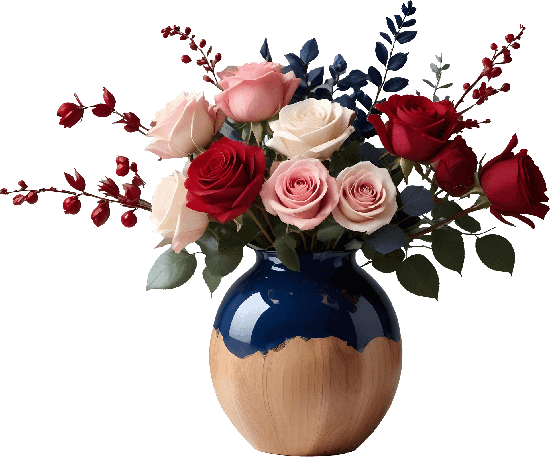 Blue and Natural Wood Vase with Romantic Rose Bouquet PNG product image (1)