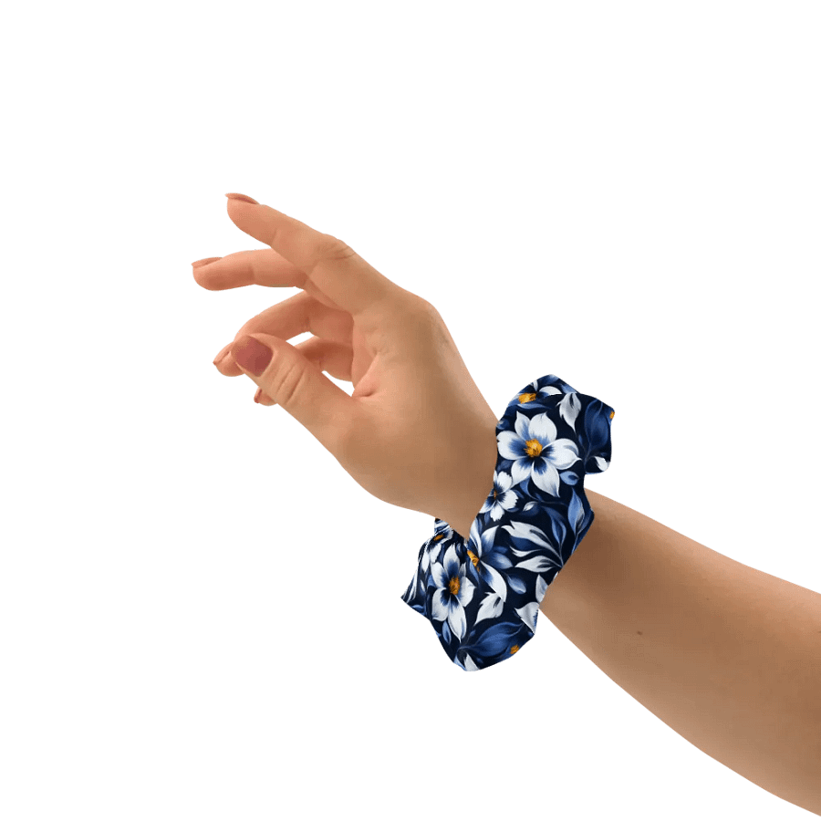 Hair Scrunchie - Floral Pattern in Blue and White on a Dark Blue Background product image (8)