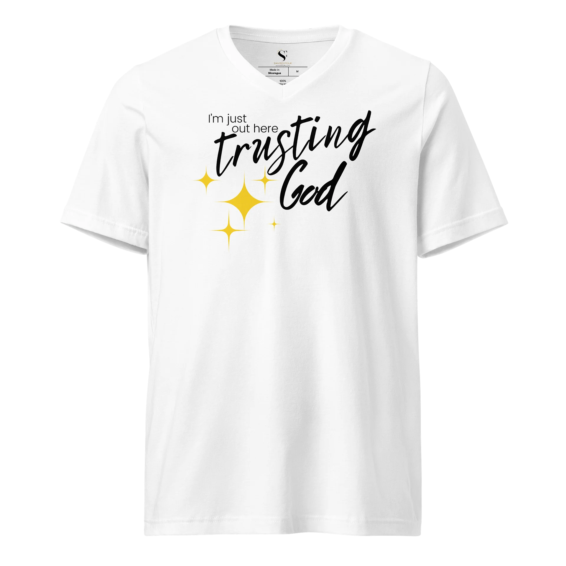 I'm Just Out Here Trusting God V-Neck Tee - White - Lightweight and Stylish product image (2)