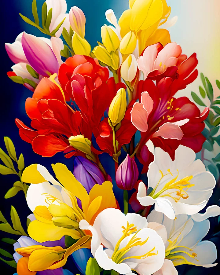 Red Yellow and Purple Freesias Colorful Freesia Flowers Matte Poster product image (1)