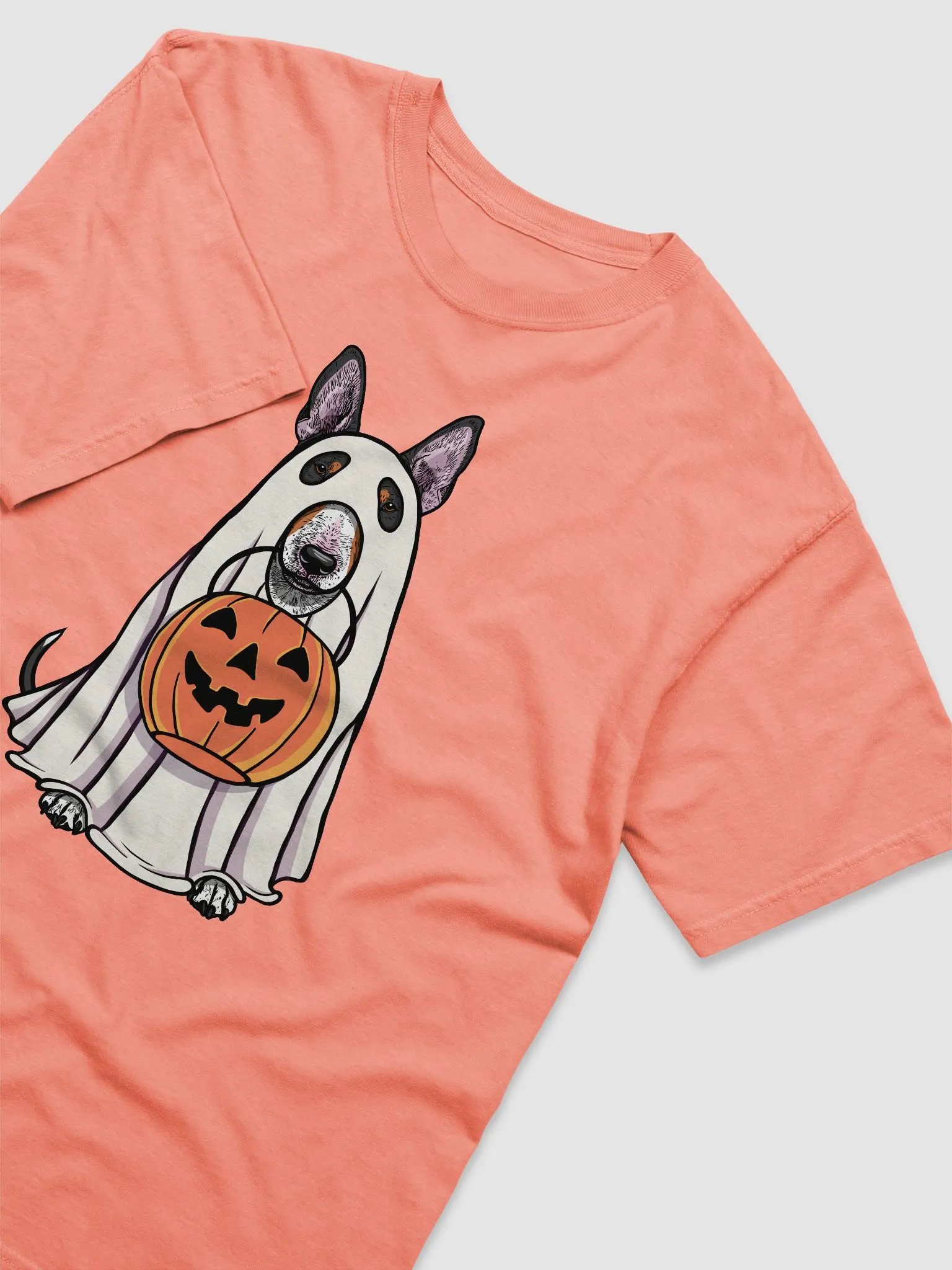 Funny Halloween Bull Terrier(Tricolor) T-Shirt | Funny Dog Wearing a Ghost Costume and Holding a Pumpkin Basket product image (24)