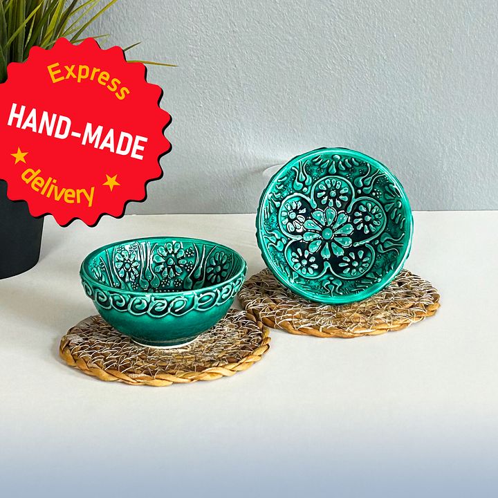Ceramic snack bowl (8 cm), turquoise/green/emerald — handmade pottery product image (1)