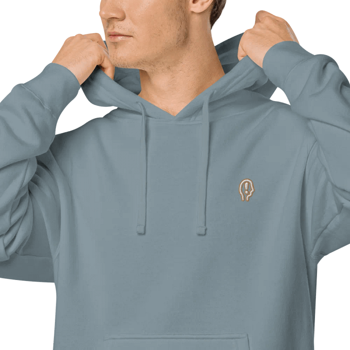 EXCLAIMING MENTALLY (sm. brass bubble design) embroidered pigment hoodie product image (1)
