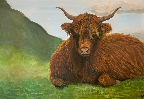 Pitkätukkaisen karjan sydän sykkii vuorten ja vihreiden niittyjen keskellä.
Guassimaalaus luonnon viisaasta vartijasta. 🐂✨

#...