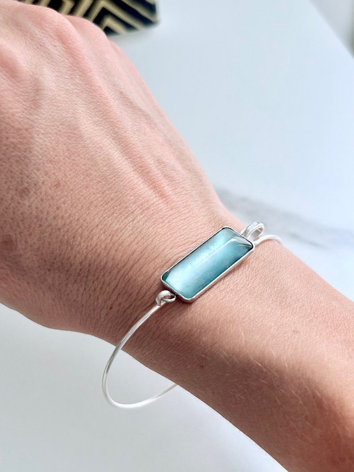 ⚡ Electric Tide Bangle | 7" Silver-Plated Wire Bracelet with Blue Green Rectangle Charm | Handmade Coastal Charm Jewelry by Monique Faella Designs™ | MFD-00172 product image (1)