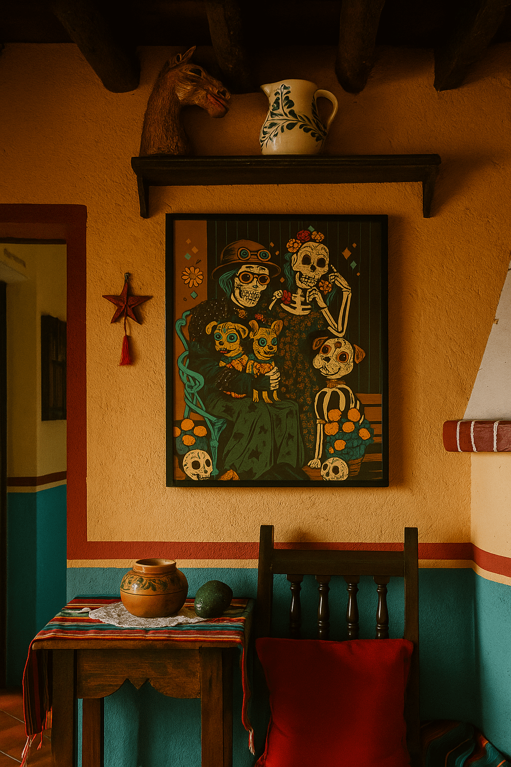 Calavera Family with Dogs — Día de Muertos Thin Canvas Wall Art | Mexican Folk Art Dog Decor product image (1)