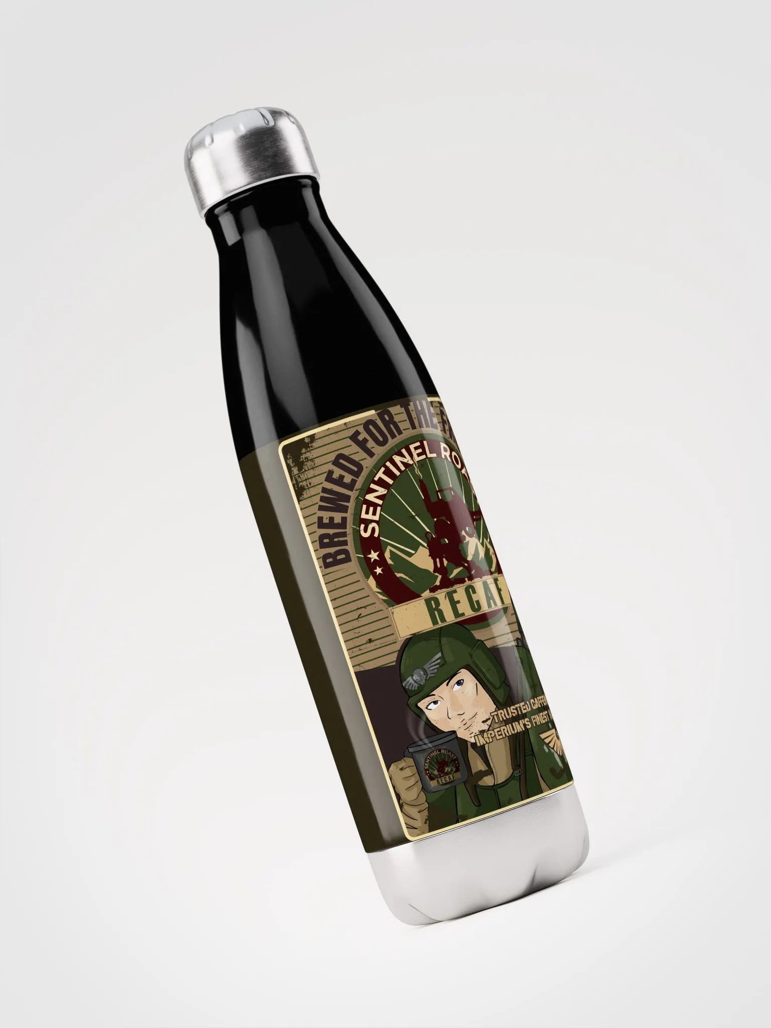 Sentinel Roast Recaff – Retro Warhammer 40K Astra Militarum Propaganda Poster Bottle product image (3)