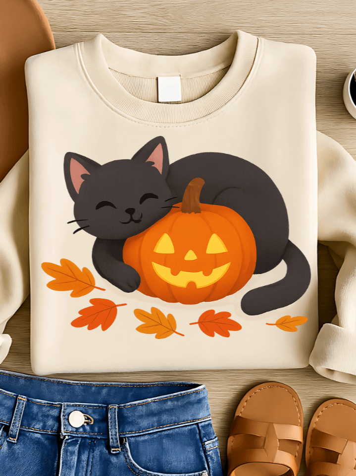 Pumpkin Guardian Black Cat Sublimation PNG – Autumn Clipart for T-Shirts – Cozy Halloween Farm Theme – 300 DPI Instant Digital Download product image (1)