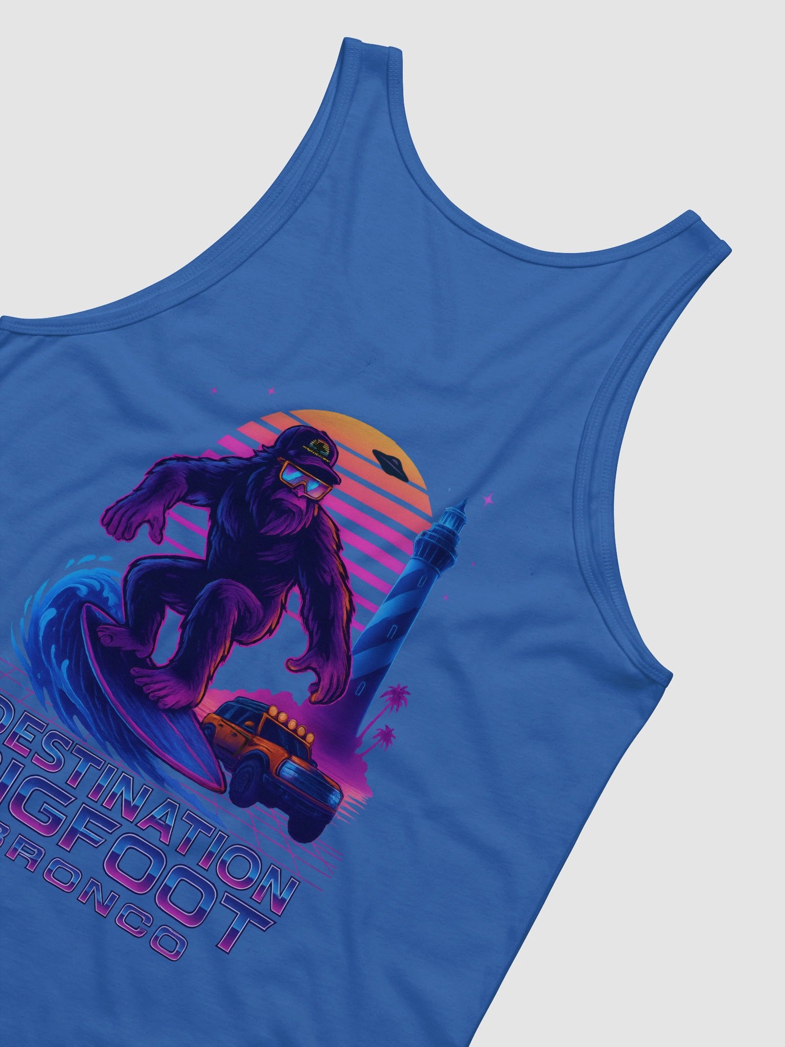 Destination Bigfoot Bronco Synthwave Bella+Canvas Jersey Tank (Blue) product image (6)