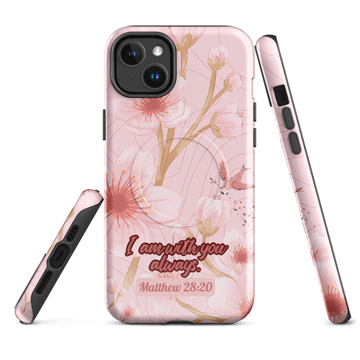 I am with You Always Matthew 28:20, Inspirational Gift, Tough iPhone Magnetic Case Scripture, Sunflower Bible Verse, MagSafe® iPhone® Tough Case, iPhone 14, iPhone 15, iPhone 16, Pro, Pro Max, Plus. product image (1)