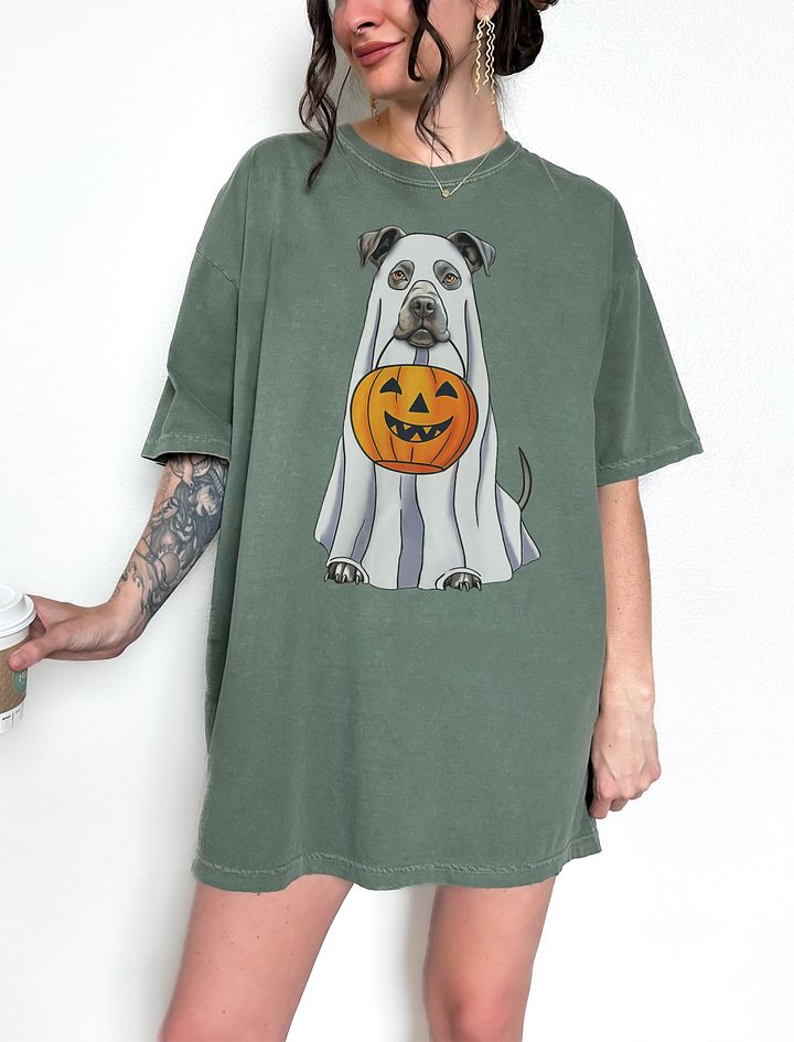 Pitbull(Blue/Gray) Halloween Tee | Funny Halloween Staffordshire Wearing a Ghost Costume with Pumpkin Basket product image (1)