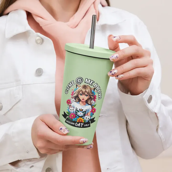 Childless Cat Lady 20 oz Tumbler Cup - Mint - Insulated Tumbler with a Straw product image (2)