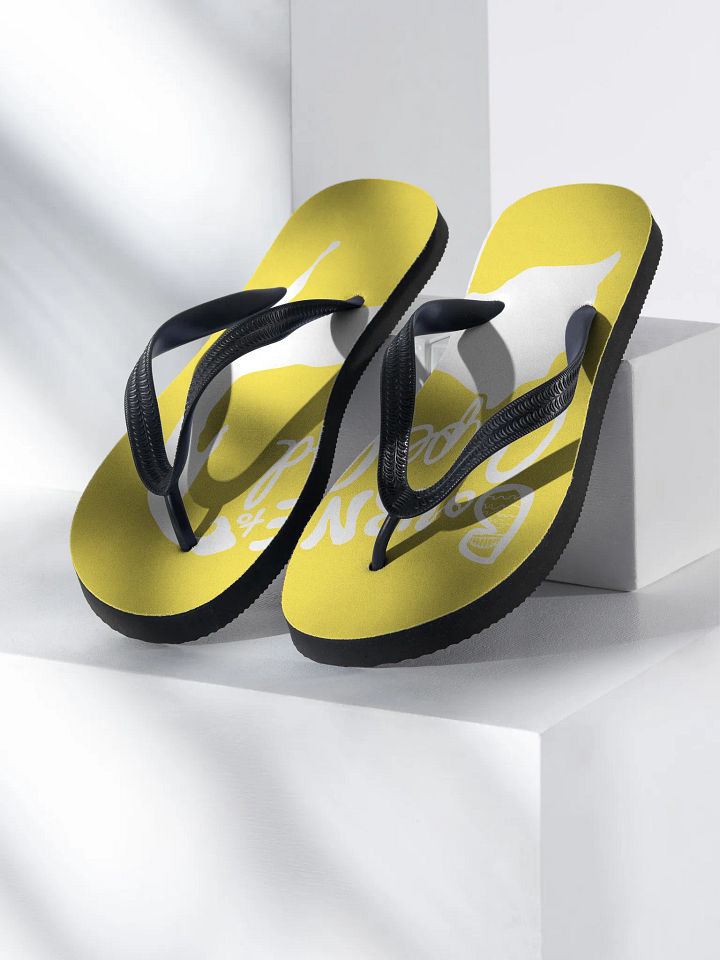 BOURNE to Flip Flop™ | Cape Cod Vibes for Your Soles | Logo Spread Sandals | White Logo on Yellow product image (1)