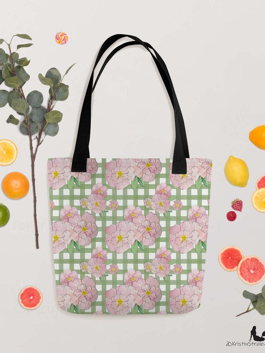 Gingham Blossoms - Med Pink Flowers on Green Gingham product image (4)