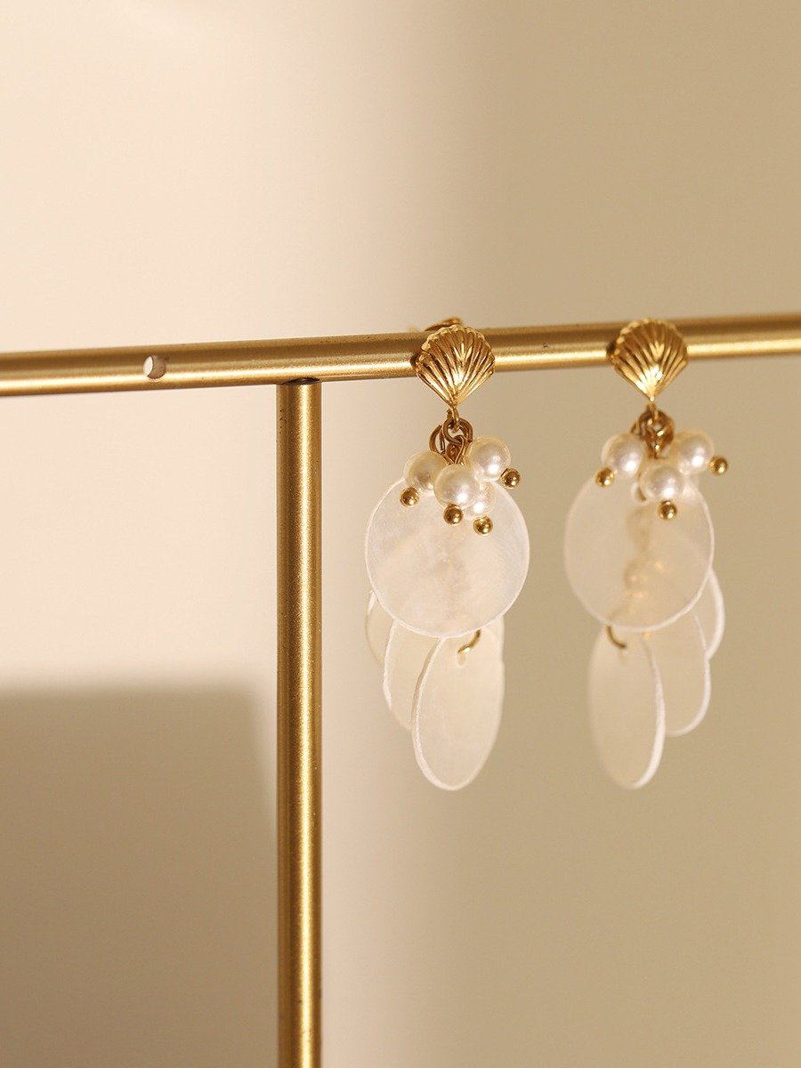 Shell Disc & Pearl Cluster Statement Earrings | 18K Gold Plated product image (8)