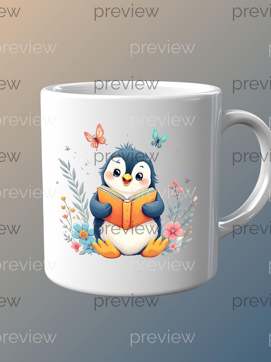 Adorable Cartoon Penguin Reading Book Surrounded by Colorful Flowers and Butterflies - Cute Clipart for Instant Download, 300 DPI PNG product image (3)