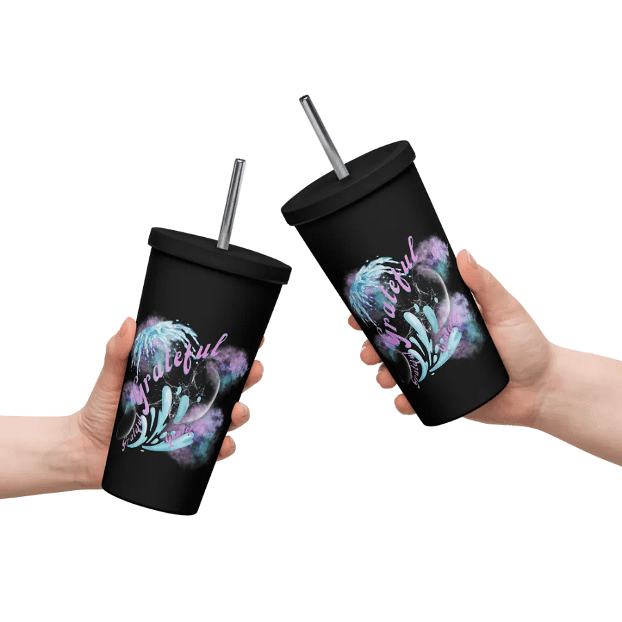 Insulated tumbler with beautiful swirly blue water splash and drops design featuring “grateful’ product image (10)