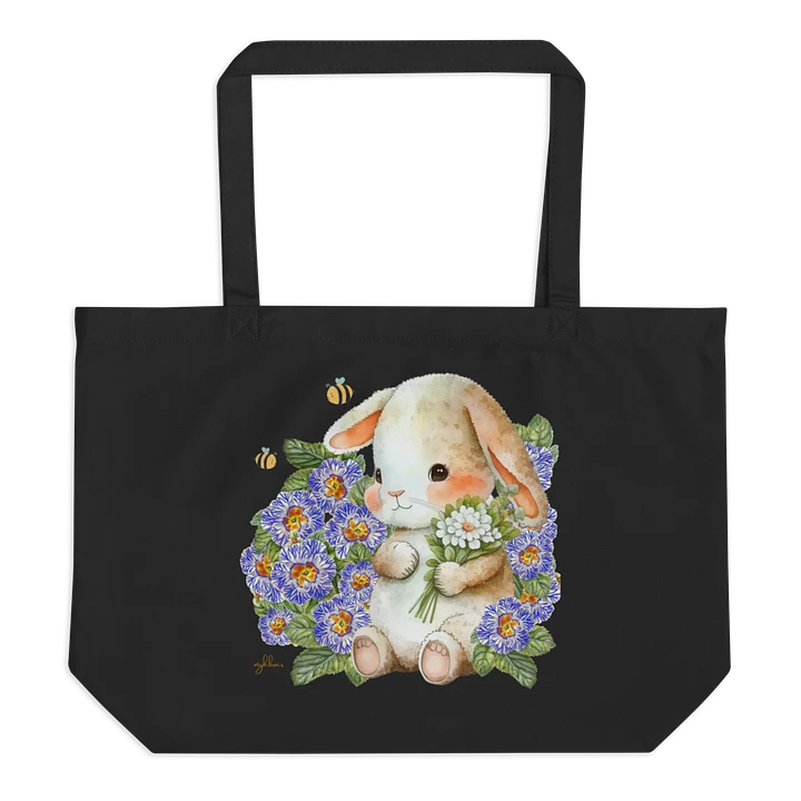 Garden Whispers: Bunny and the Primula Zebra Blues Organic Cotton Tote Bag (Large) - Eco-Friendly, Durable, Stylish product image (1)