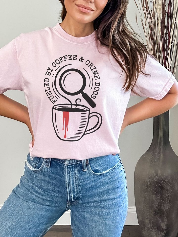 Fuelled by Coffee and Crime Docs Shirt – Hand-drawn Funny True Crime T-Shirt for a Coffee Lover product image (1)