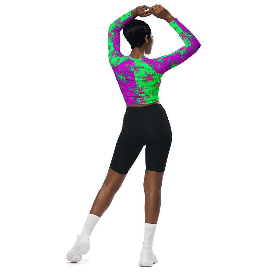 Pot Leaf Print Recycled Long-Sleeve Crop Top, 420 Stoner Circus Stripe Shirt, Cannabis Summertime Purple Mint Green Ganja Weed Beach Fashion product image (6)